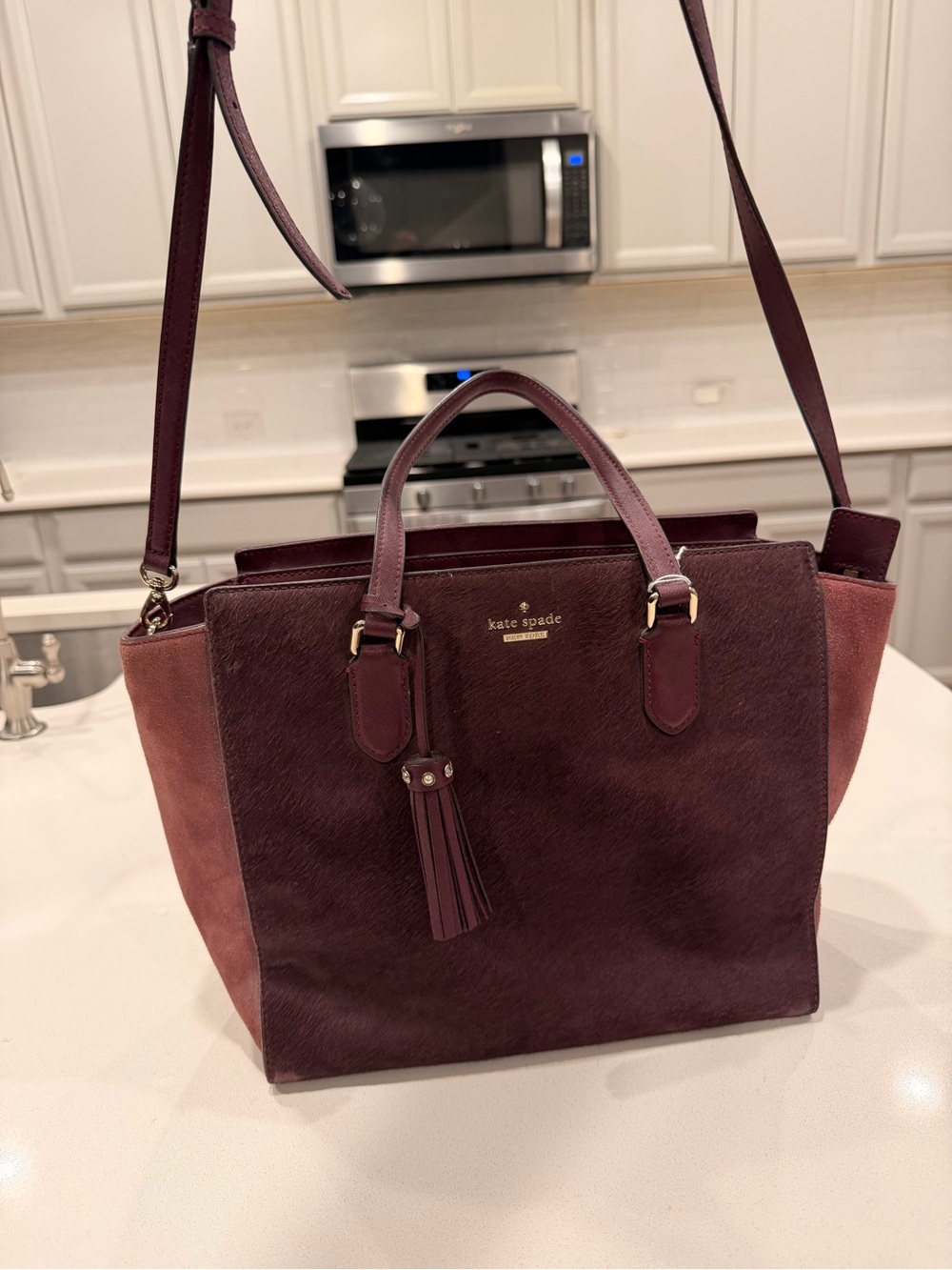 kate spade Two-Tone Burgundy and Rose Shoulder Tote with Tassel